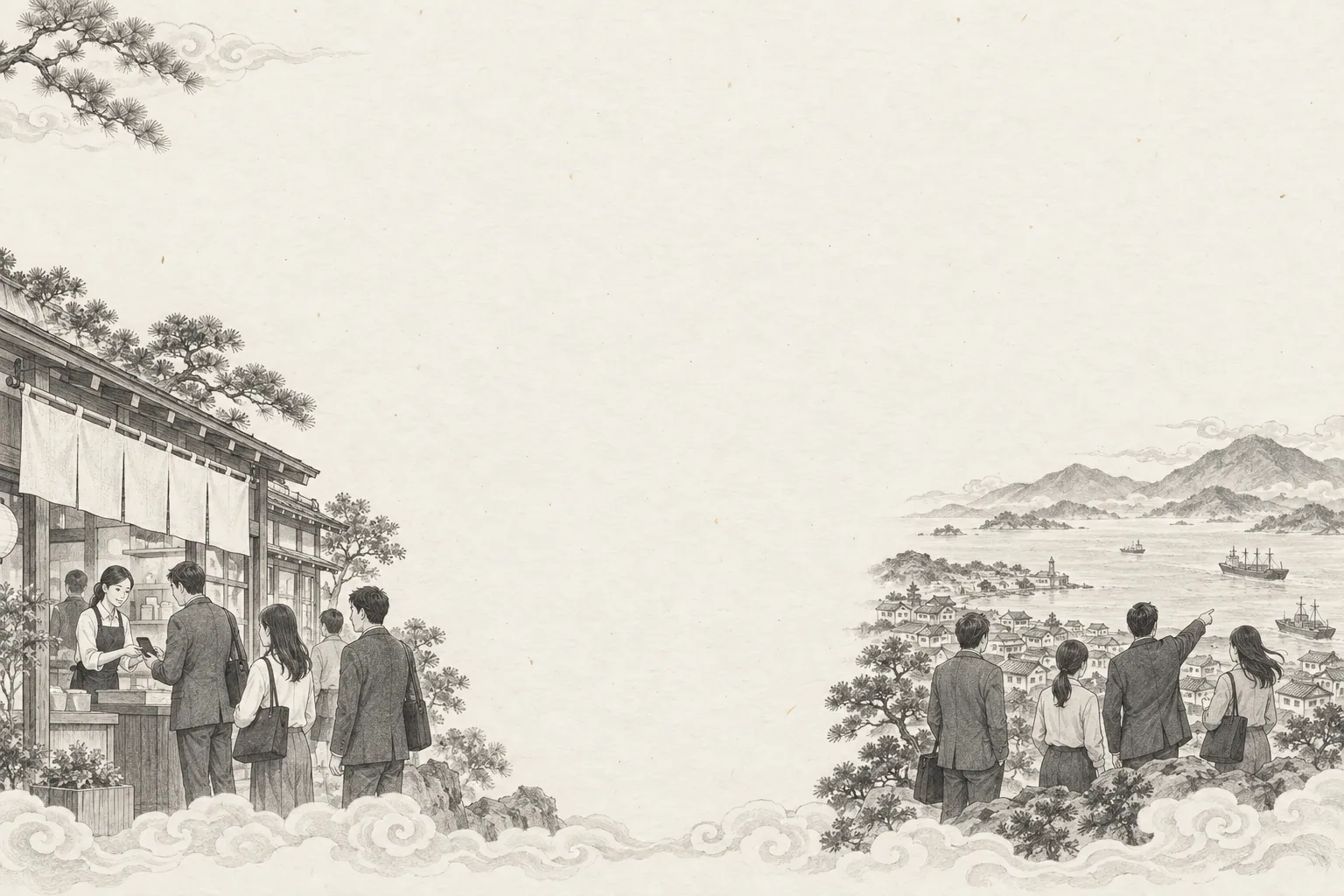 店を訪れる人々と、港町の先を見据える人々の絵