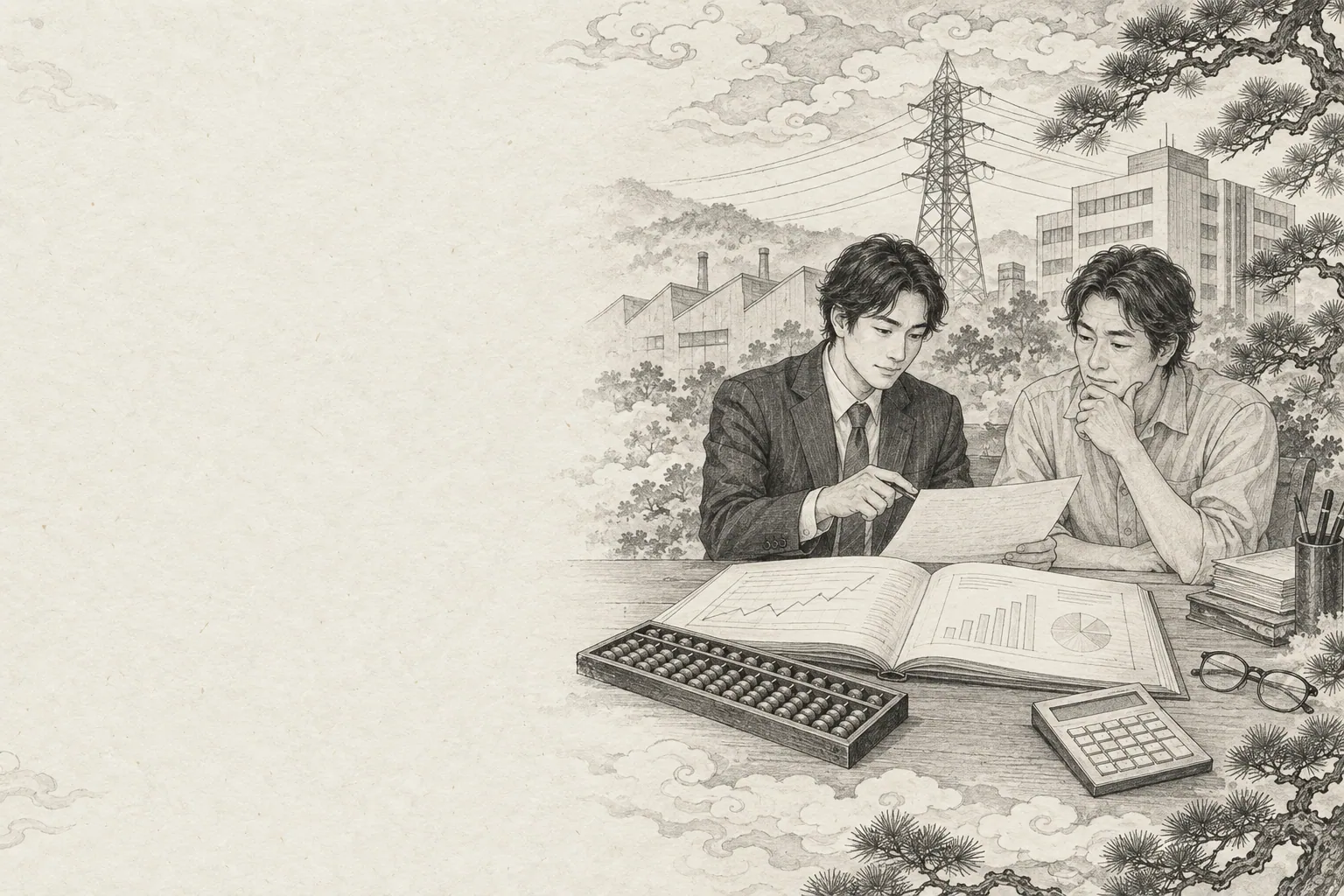 帳簿とそろばんを広げ、工場の固定費を点検する絵